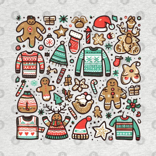 a fun and quirky collage of various holiday-themed elements to create the ultimate "Ugly Christmas Sweater" pattern. Think reindeer, snowflakes, gingerbread men, and more. by maricetak